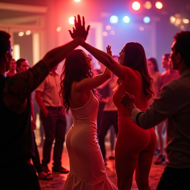 Dançarinos interagindo com os convidados na pista de dança durante a festa de casamento.