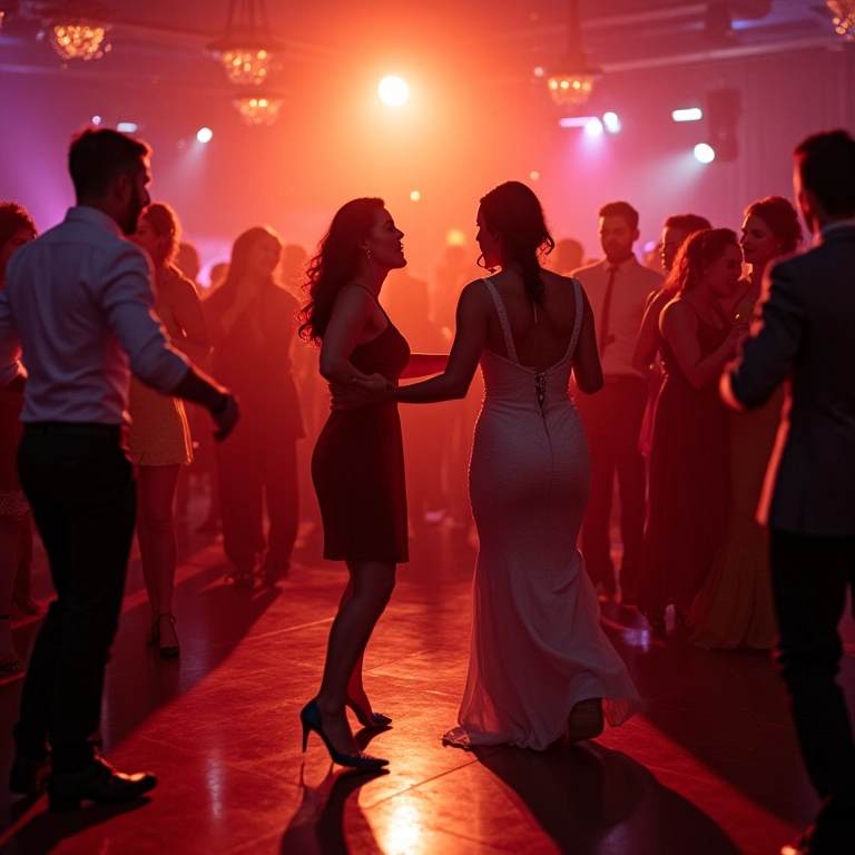 Dançarinos profissionais animando a pista de dança em uma festa de casamento vibrante no Brasil.