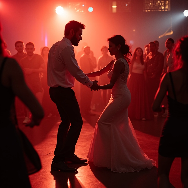 Dançarinos se adaptando a diferentes estilos musicais e ambientes em uma festa de casamento.