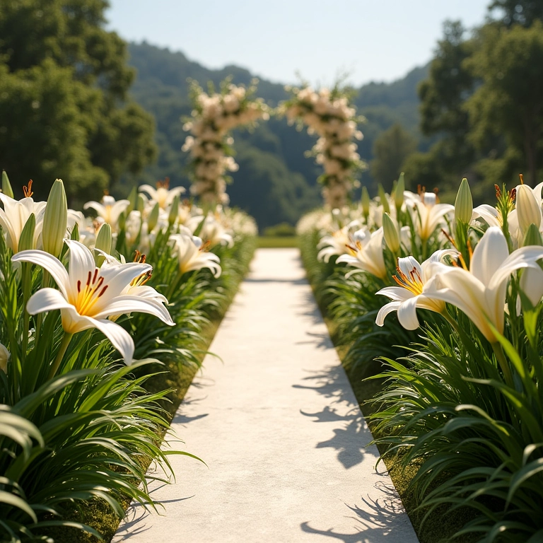 Decoração com lírios brancos no corredor de cerimônia de casamento ao ar livre.