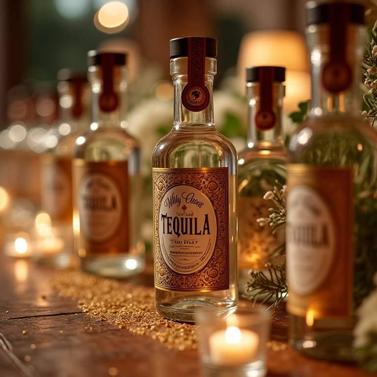 Decoração elegante com garrafas de tequila em recepção de casamento.