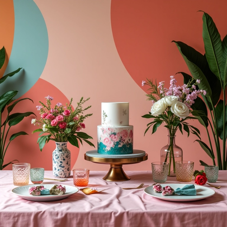 Decoração moderna de chá de panela com padrões geométricos e cores vibrantes.