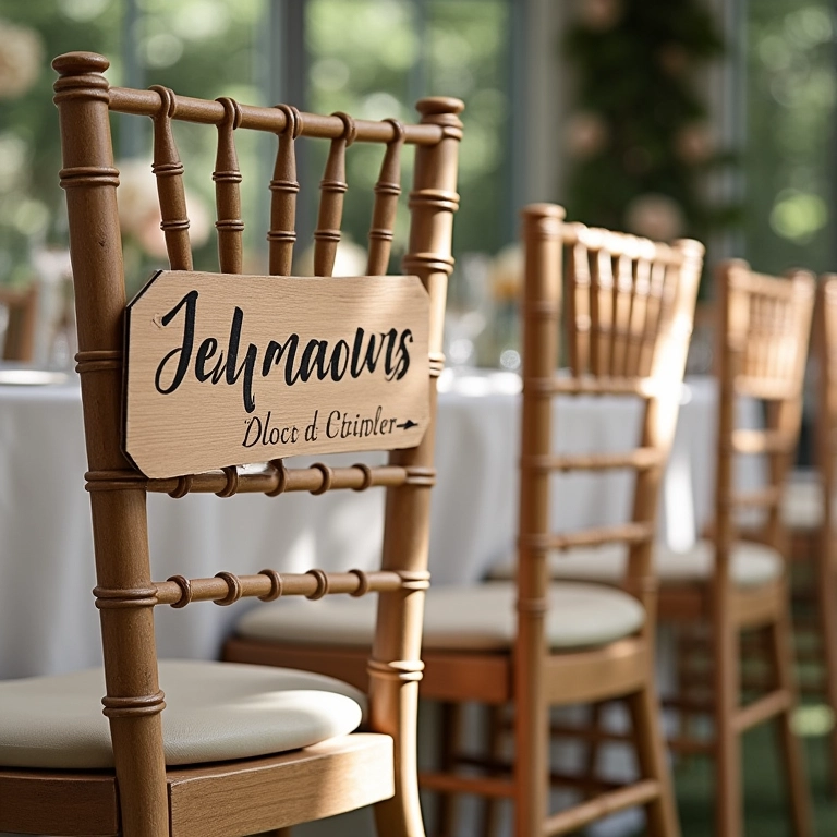 Decoração personalizada das cadeiras com nomes, datas e monogramas.