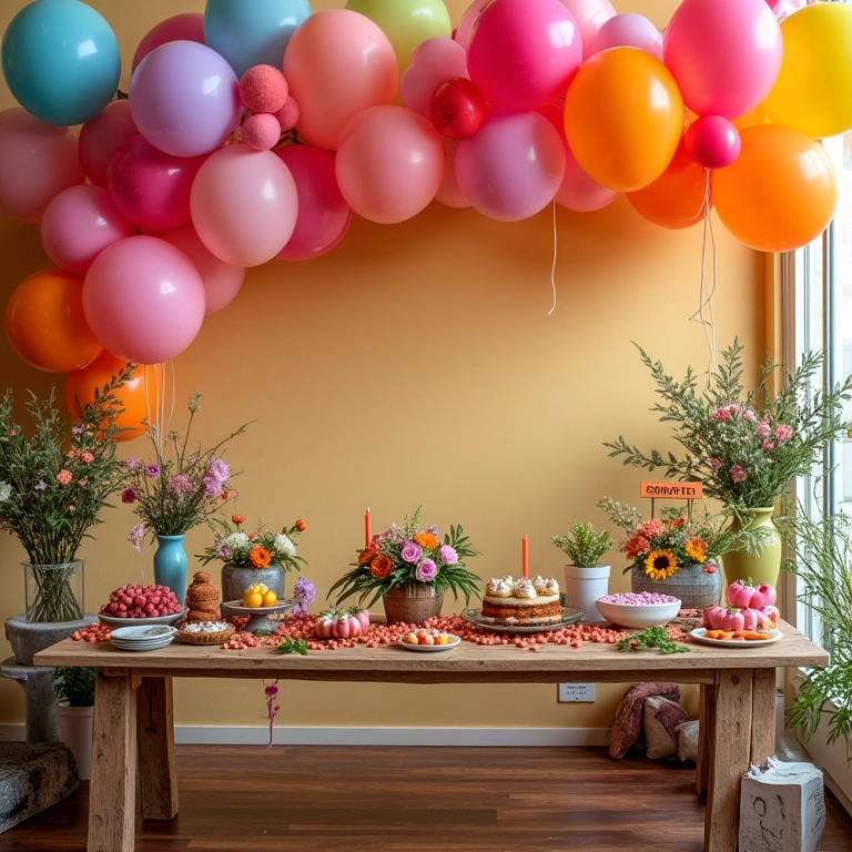 Decoração vibrante de chá de panela com balões coloridos e mesa rústica.