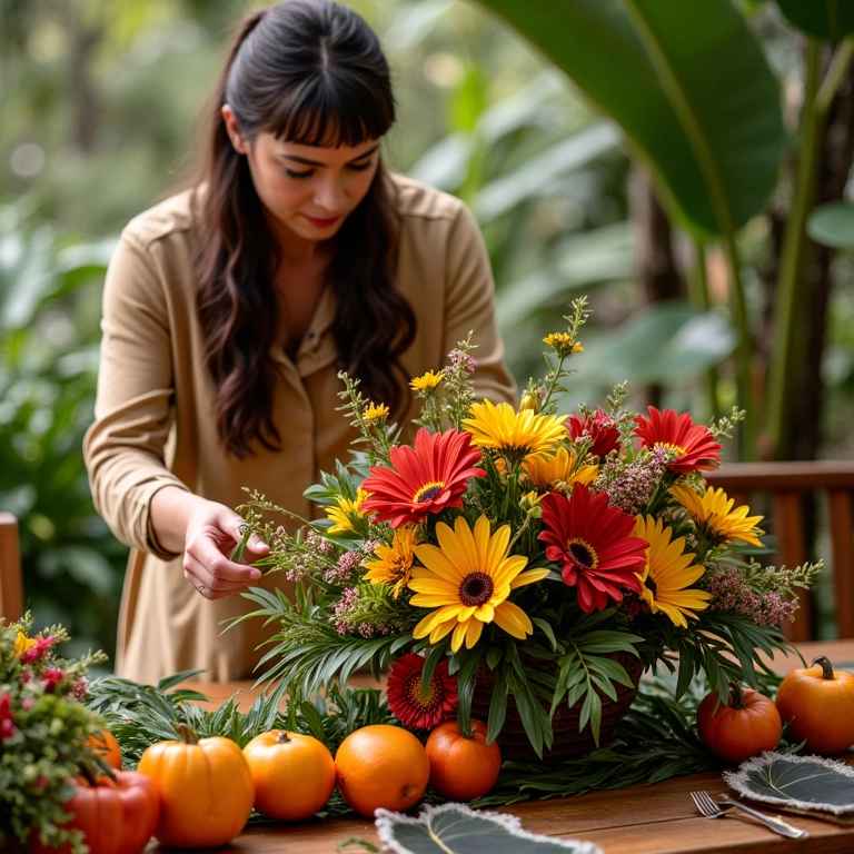 Decorador de eventos criando arranjo floral vibrante para casamento.