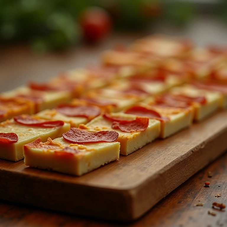 Deliciosos pedaços de palha italiana dispostos em uma tábua de madeira rústica.