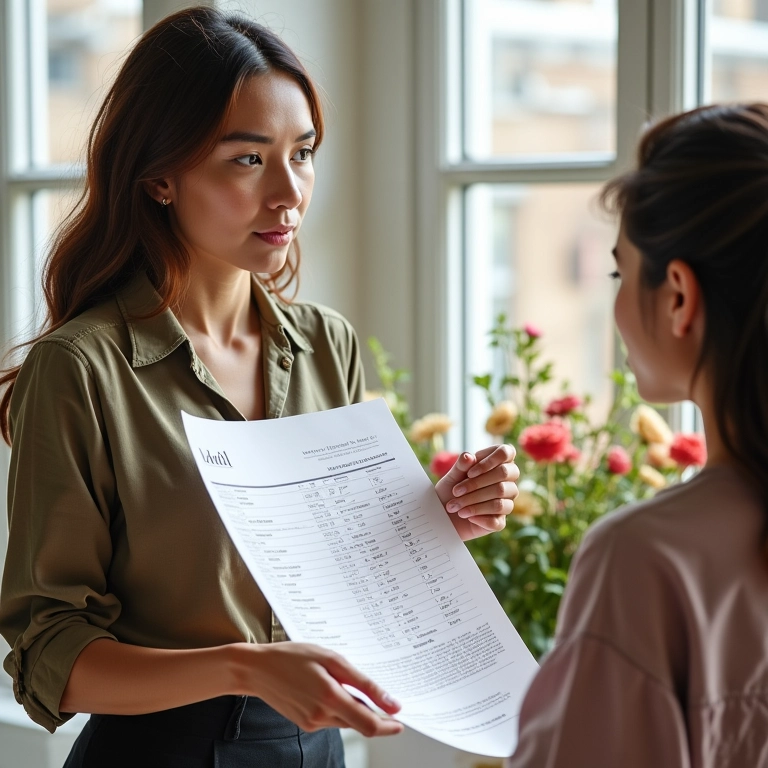 Designer floral apresentando orçamento detalhado e contrato.