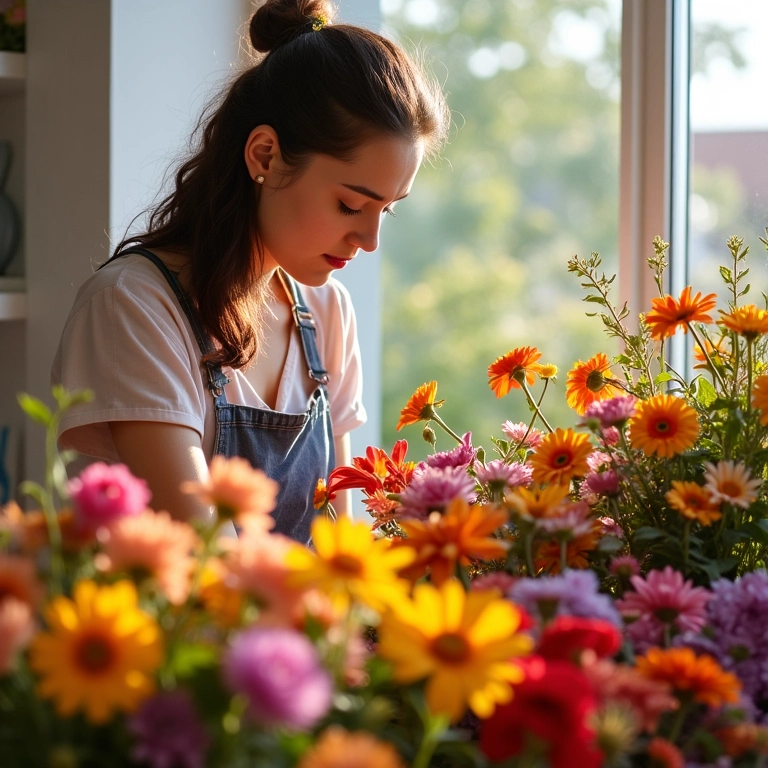 Designer floral criando um arranjo vibrante em estúdio iluminado.