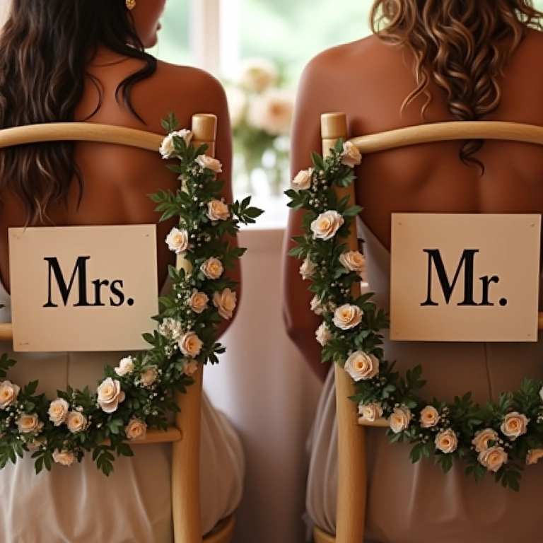Detalhe das cadeiras dos noivos com placas 'Sr.' e 'Sra.' e guirlandas de flores.