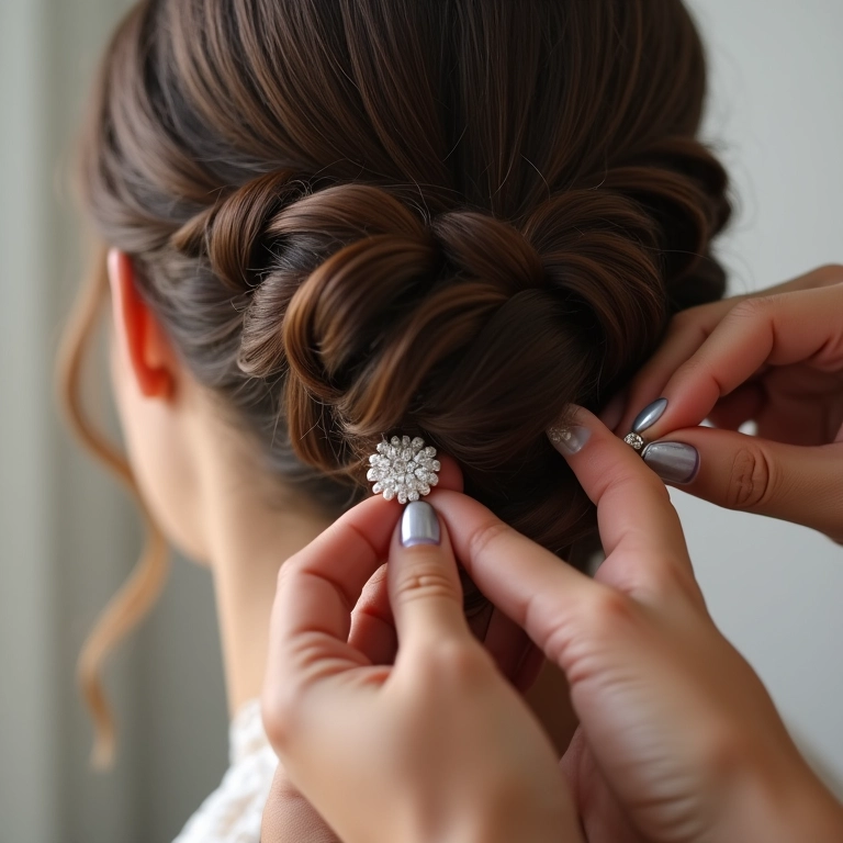 Detalhe de como prender a voilette no cabelo da noiva.