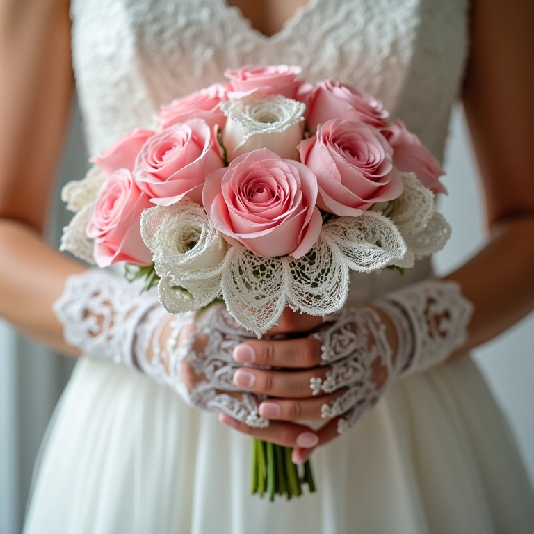 Detalhe de luvas de renda e buquê de rosas.