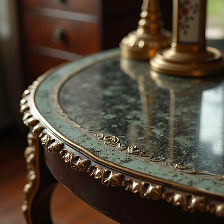 Detalhe de mesa espelhada vintage com objetos antigos.