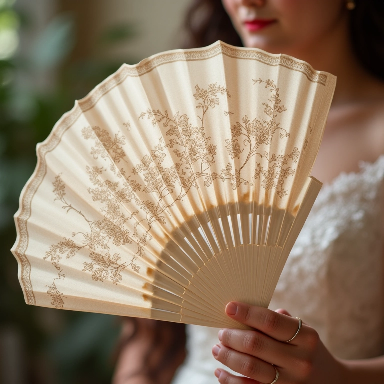 Detalhe de um leque elegante em casamento.