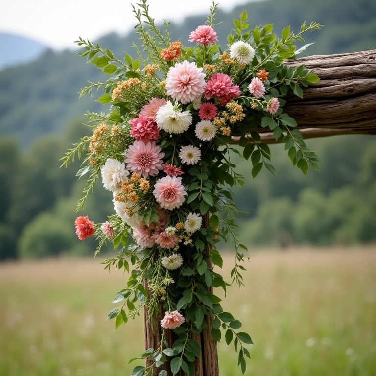 Detalhes de flores do campo em arco de cerimônia de casamento rústico.
