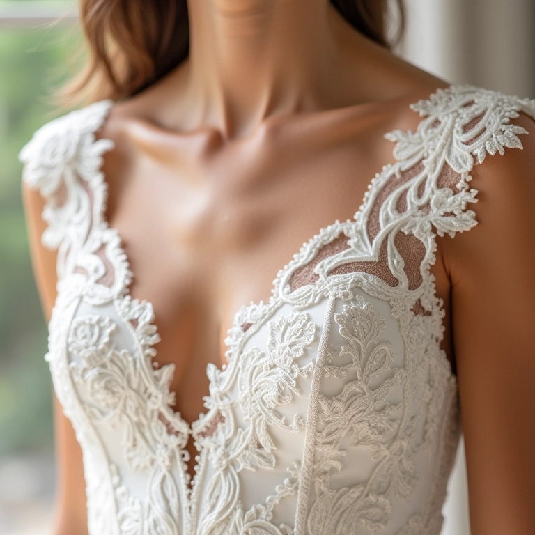 Detalhes de vestido de noiva Pronovias.
