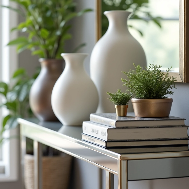 Detalhes decorativos em mesa espelhada.