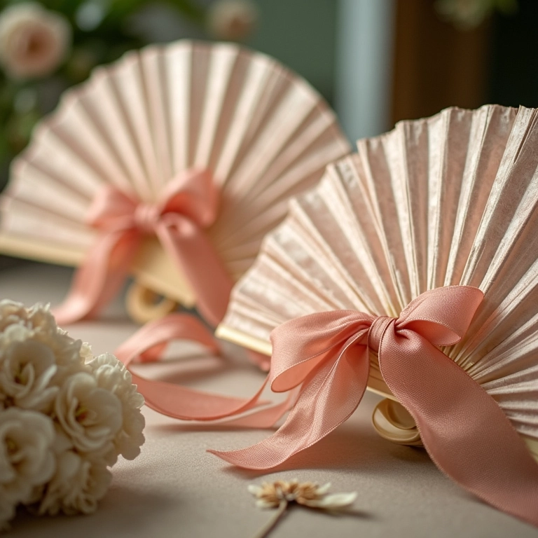 Display elegante de lembrancinhas de casamento: leques e sombrinhas artesanais com fitas.
