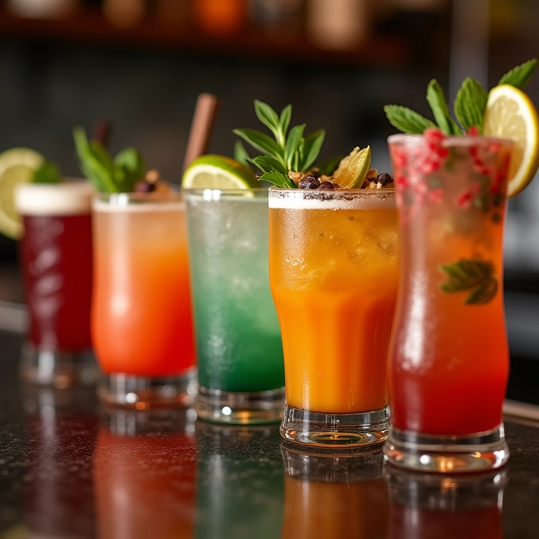 Diversidade de drinks personalizados com enfeites únicos em bar vibrante.