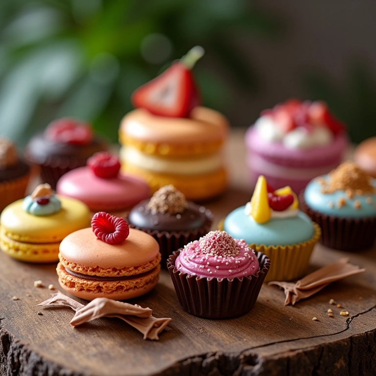 Doces finos coloridos e artisticamente dispostos em mesa de madeira.