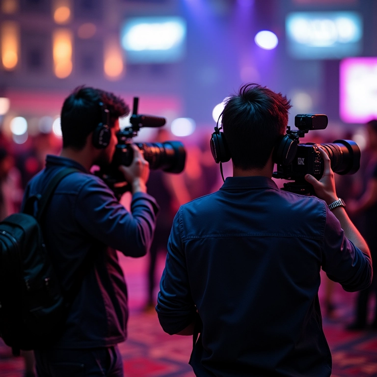 Dois fotógrafos trabalhando em evento, capturando ângulos diferentes.
