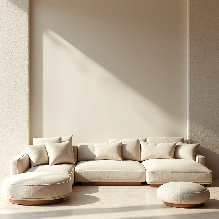 Elegante sala de estar monocromática em tons de bege com iluminação natural.
