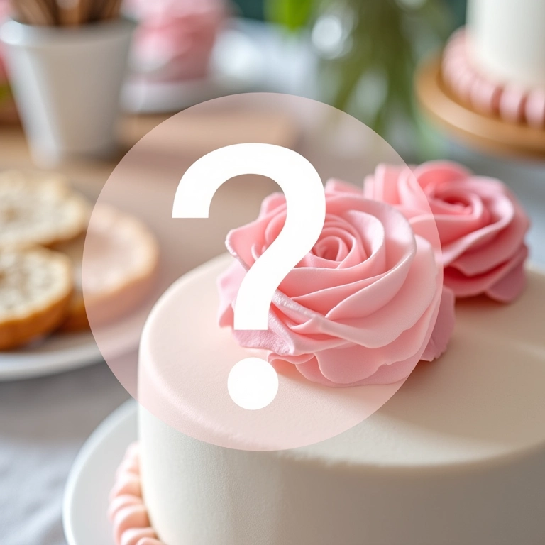 Elementos da decoração do chá de panela com um ponto de interrogação: bolo, lembrancinhas, jogos.