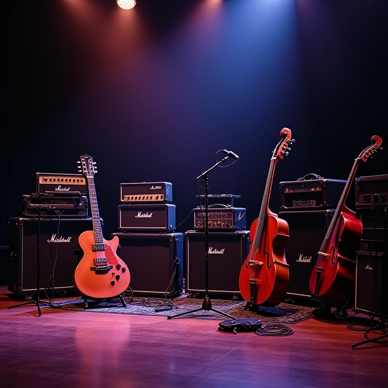 Equipamentos essenciais no palco: instrumentos, amplificadores, microfones.