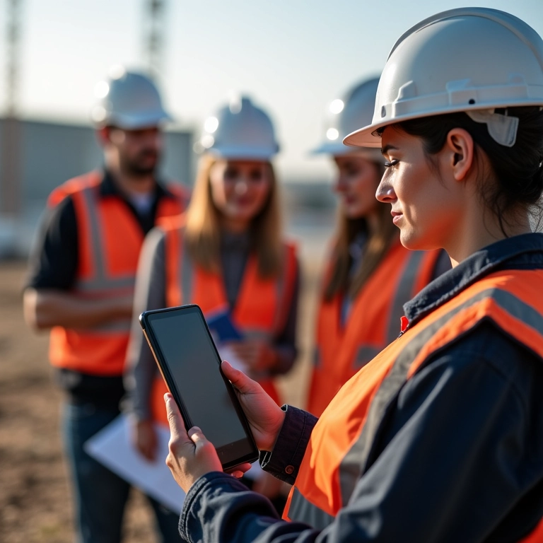 Equipe diversa em visita técnica inspecionando local de construção, com tablet e pranchetas.