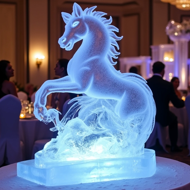 Escultura de gelo intricada em uma recepção de casamento com design elegante.