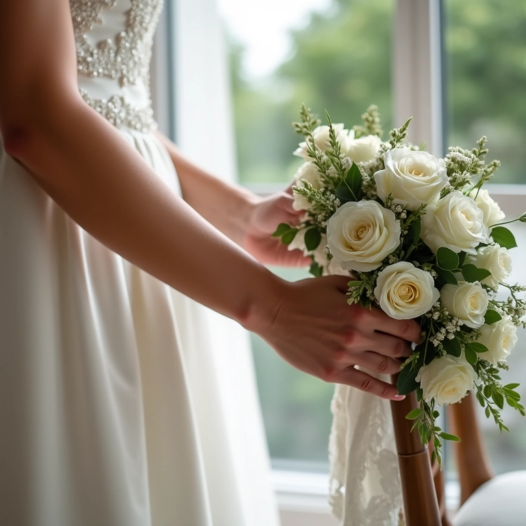 Especialista ajustando a decoração floral na cadeira da noiva.