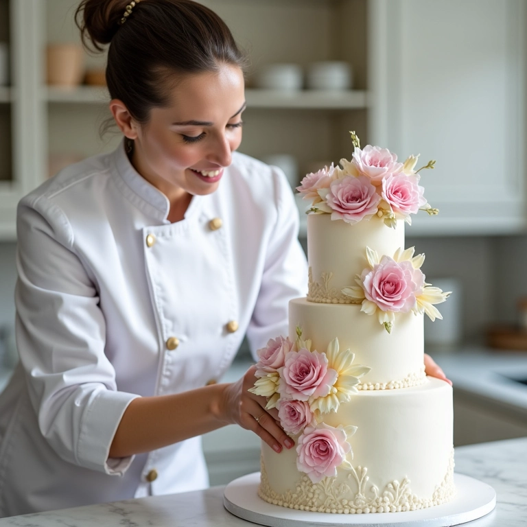 Especialista decorando bolo de chá de panela com flores de açúcar.