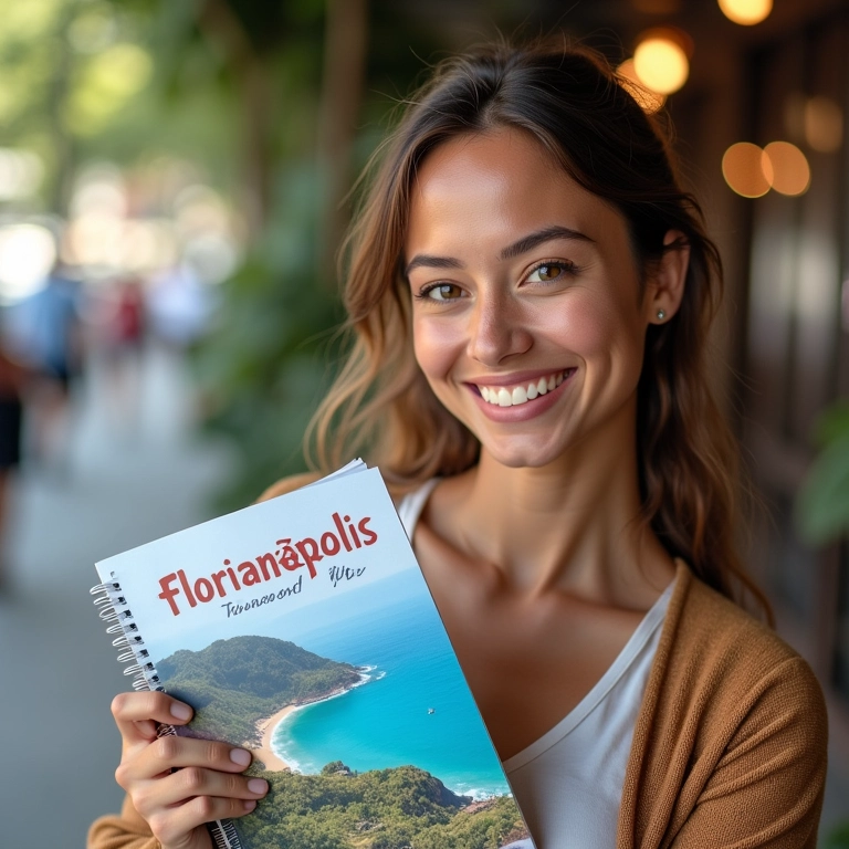 Especialista em viagens sorrindo e segurando um guia de Florianópolis.