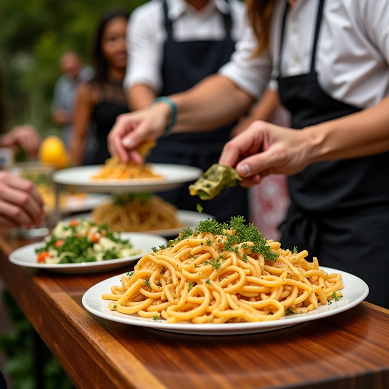 Estação de massas ao vivo em casamento brasileiro vibrante, com decoração estilo Farm Rio.