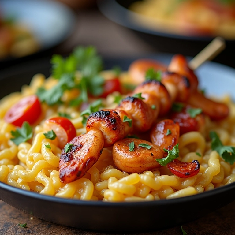 Estação de risotos com acompanhamentos criativos: legumes grelhados e espetinhos.