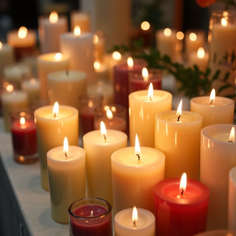 Exposição de velas em uma feira de casamentos, mostrando a diversidade de opções.