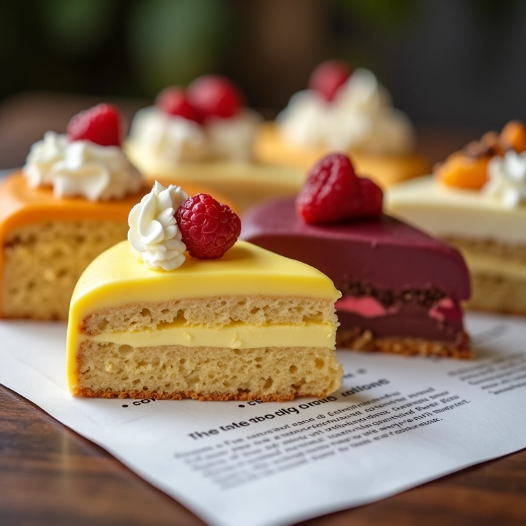 Fatias de bolo variadas e guia sobre a prova de bolo.