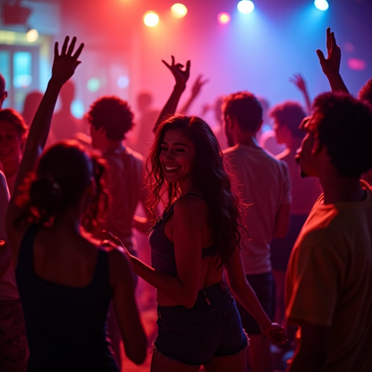 Festa brasileira animada com pessoas dançando e DJ tocando.