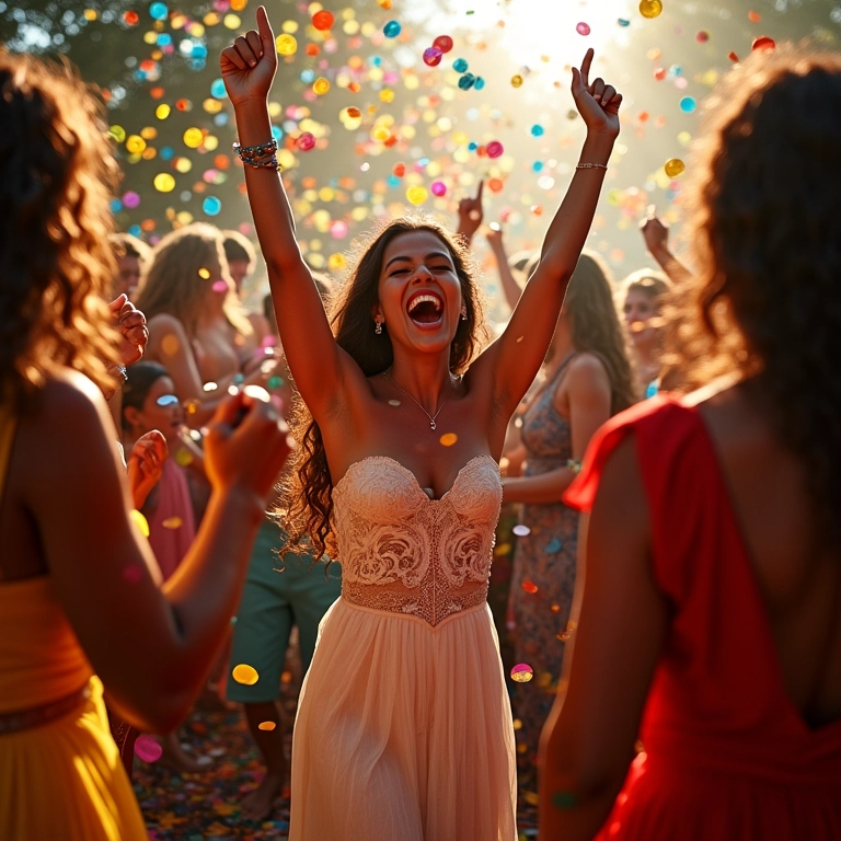Festa de casamento vibrante com confete colorido.