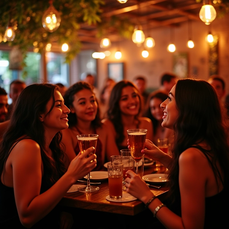 Festa de Chá Bar animada com decoração brasileira e amigos celebrando.