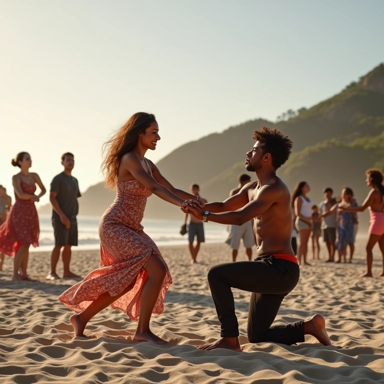 Flash mob romântico na praia de Ipanema, pedido de casamento.