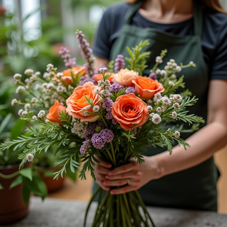 Florista criando buquê com elementos naturais para casamento.
