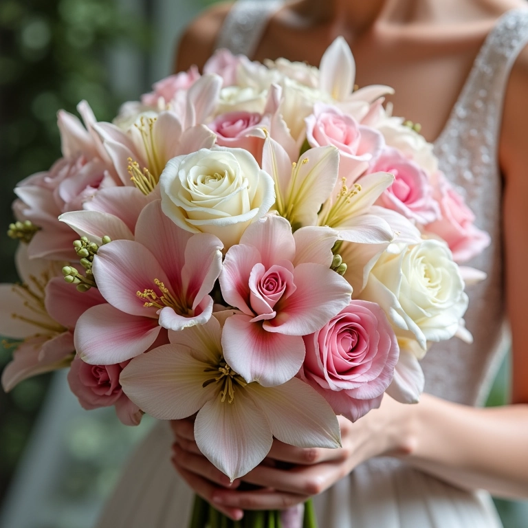 Florista de casamento criando buquê elegante com rosas, orquídeas e lírios.