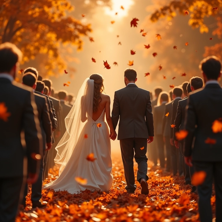 Folhas secas de outono caindo sobre convidados em casamento.
