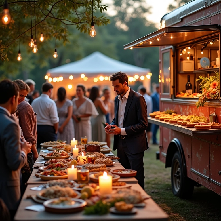 Food trucks em uma recepção de casamento ao ar livre com diversas opções de comida.