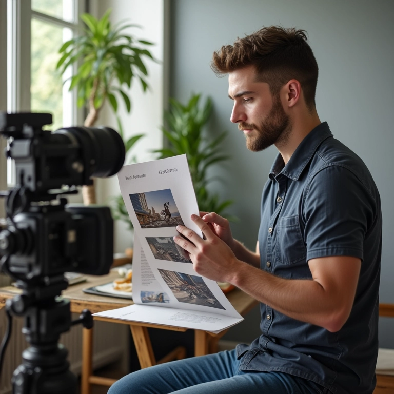 Fotógrafo profissional mostrando portfólio para cliente em estúdio moderno e iluminado.