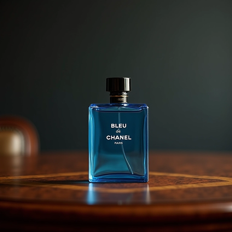 Frasco do perfume Bleu de Chanel em uma mesa clássica de madeira.
