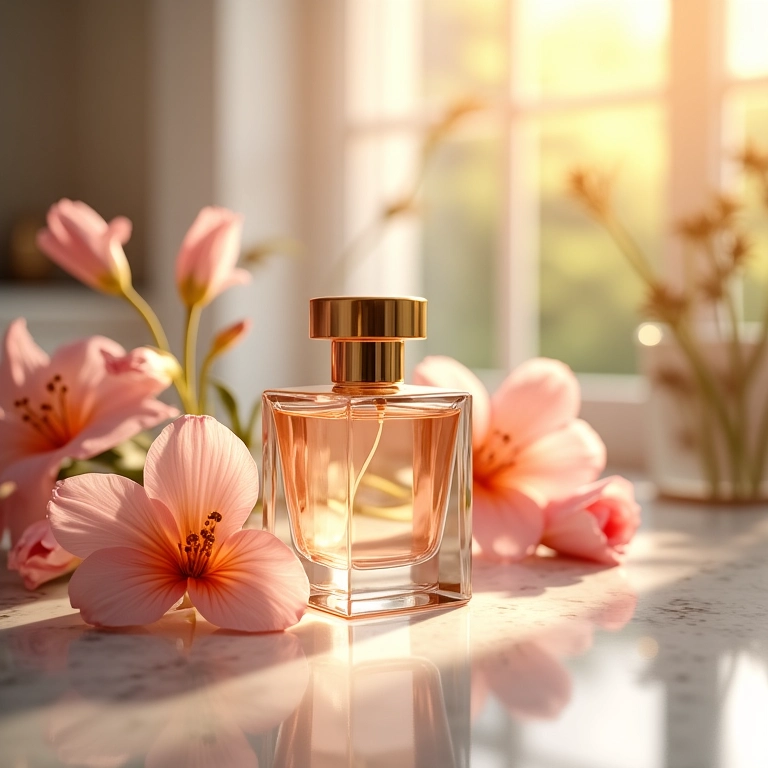 Frascos de perfume elegantes em penteadeira com luz natural suave, flores e fundo desfocado.