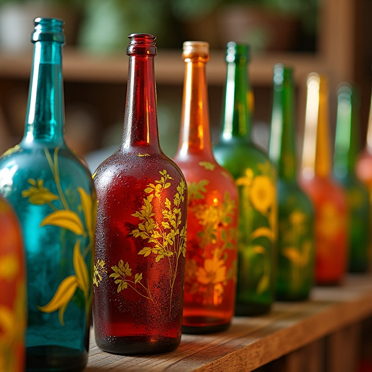 Garrafas de vidro decoradas com cores vibrantes e estilo brasileiro.