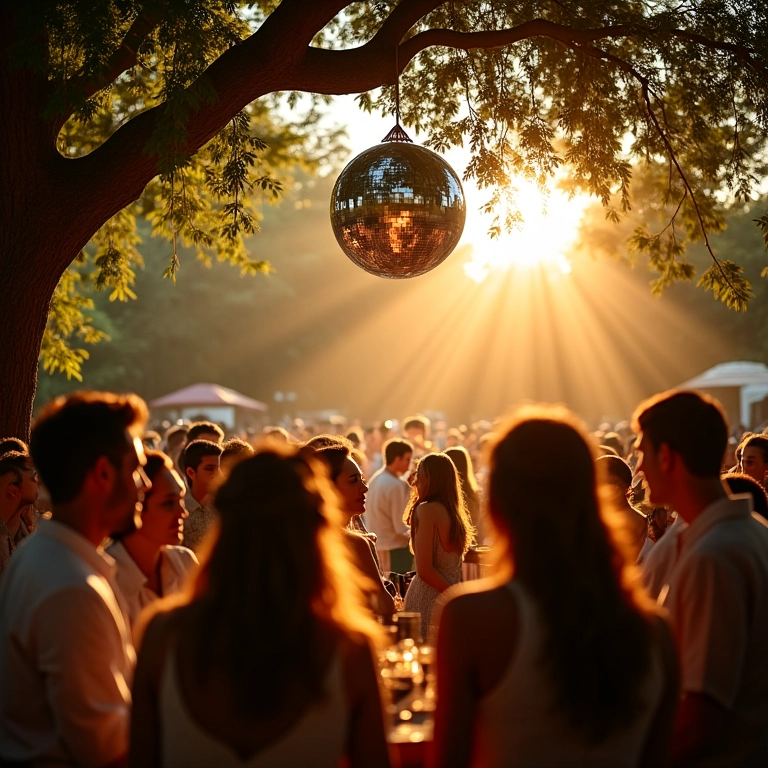Globo de espelhos ao ar livre em casamento.
