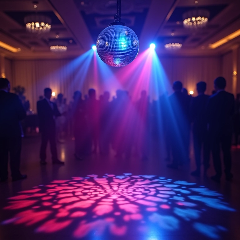 Globo de espelhos refletindo diferentes cores de luz.